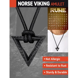 FaithHeart Norse Runes Triangle Ring Necklace Sturdy Stainless Steel Black Mobius Band Necklaces for Male High Polished Arrows Band Pendant with Black Leather Cord Necklace