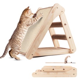 Sisal Cat Scratcher Board,Triangular Cat Scratch Ramp with Climbing Ladder,Wooden Scratching Board with 2 pcs Sisal Pad for Kittens and Small Animals Indoor Use