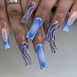 RUOKEXIN Long Press on Nails Square Fake Nails Blue Ombre False Nails with 3D Designs French Tip Nail Press ons Sparkly Artificial Nails Cute Glue on Nails for Women 24Pcs