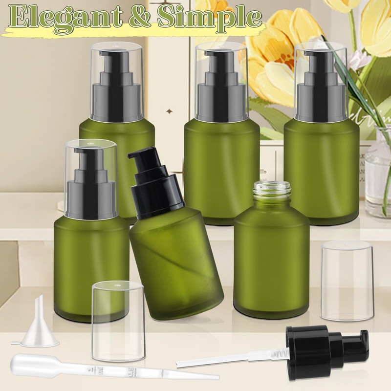 6 Pcs Frosted Green Glass Pump Bottle Empty Lotion Foundation
