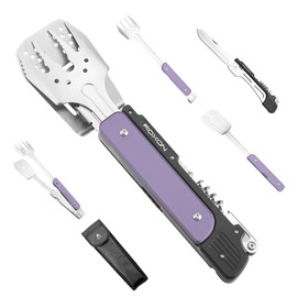 ROXON S601 14" 6 in 1 MBT3 Folding Grill Utensils Set Fork Spatula Grilling Knife Tongs Opener for Backyard Barbecue and Camping (Purple)