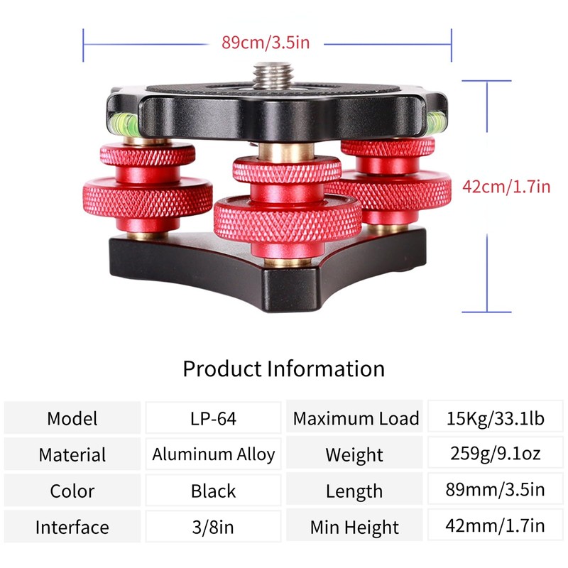 Tripod Leveling Base, LP‑64 Camera Leveler, 5° Horizontal Adjustment Aluminum