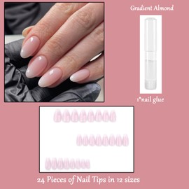 Gradient Press on Nails - 24pcs Almond Fake Nails - White Pink False Nails with Glue - Glossy Removable Glue on Nails with Glue Stickers, Acrylic Full Cover Stick on Nails for Women and Girls