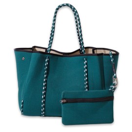 POPUPS Large Neoprene Tote Bag for Women - Everyday Designer Handbag for Travel Work and Beach with Pockets and Zipper Pouch (Emerald Green)