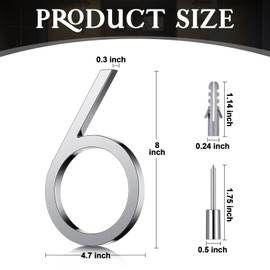 Blulu 8 Inch Stainless Steel Floating Large House Number 0-9 for Outside Modern Floating Address with Nail Kit and Instructions High Gloss Silver Address(Number 6)