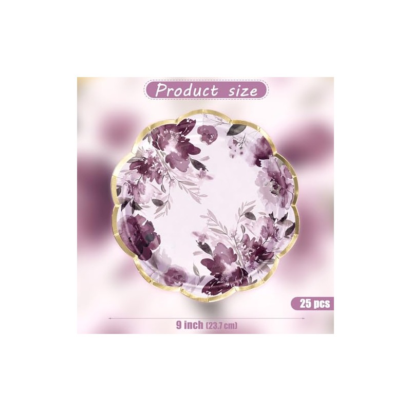 WRAPAHOLIC 25Pcs Floral Paper Plates - 9 Inch Beautiful Purple