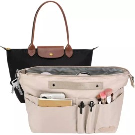 Longchamp 롱샹 르 플리지 미디엄용 키파틴 지갑 정리함 삽입물 지퍼와 15개의 포켓이 있는 내부 토트백 칸막이 여성 Longchamp Le Pliage Medium Tote Bag Organizer Insert with Zipper and 15 Pockets for Women [Beige]