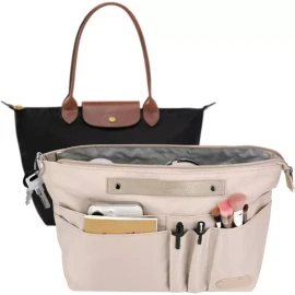 Longchamp 롱샹 르 플리지 미디엄용 키파틴 지갑 정리함 삽입물 지퍼와 15개의 포켓이 있는 내부 토트백 칸막이 여성 Longchamp Le Pliage Medium Tote Bag Organizer Insert with Zipper and 15 Pockets for Women [Beige]