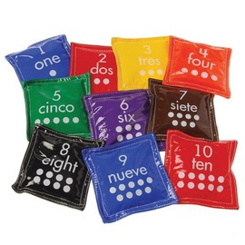 Constructive Playthings Learning with Set of Ten 4 1/2" sq. Number Vinyl Bean Bags with English On One Side and Spanish On The Other for All Ages