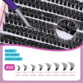 Lash Clusters Wispy 9-16mm 304pcs Volume Lash Extensions D Curvature Individual Lashes DIY Eyelash clusters Lashes fluffy false eyelashes(80D,0.07,9-16mm)