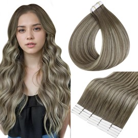 Full Shine Straight Hair Tape in Extensions 20 Inch Tape in Natural Invisible Human Hair Balayage Brown to Ice Blonde and Brown Double Sided Tape in Hair Extensions 20 Pcs 50 Gram Add Length