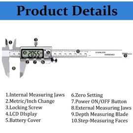 Digital Caliper, Vernier Caliper Stainless Steel Calipers, 6 Inch/150mm Micrometer Caliper Measuring Tool with IP54 Large LCD Screen and Inch Milimeter Conversion