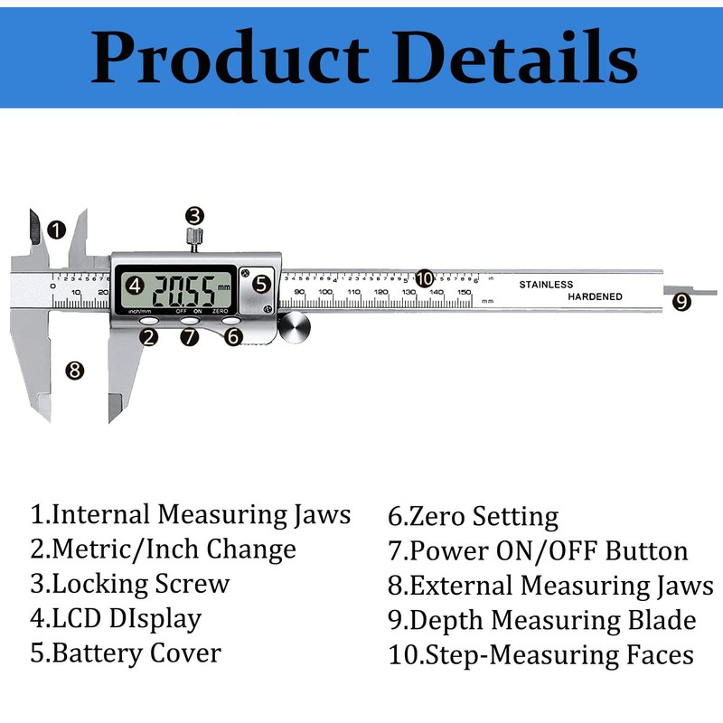 Digital Caliper, Vernier Caliper Stainless Steel Calipers, 6 Inch/150mm Micrometer