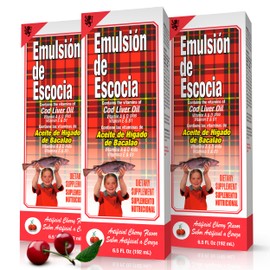 Emulsion de Escocia Cod Liver Oil Liquid with Vitamins A, D, E & B1, Omega-3 Fish Oil Supplement for Kids & Adults, Supports Immune & Bone Health, Cherry Flavor, 6.5 Fl Oz Bottles, 3-Pack