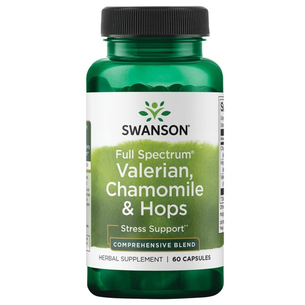 Swanson Valerian, Chamomile & Hops - Full Spectrum Herbal Supplement Promoting Relaxation & Comfort - Natural Formula Supporting Mind & Body Wellness - (60 Capsules)
