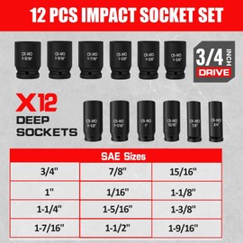 TONYNOL 3/4 Inch Drive Deep Impact Socket Set,6-Point,SAE (3/4"-1-9/16"),12 Pcs,Cr-Mo,Heavy Duty Impact Socket Set for Automotive & Industrial Machinery,With a Storage Case