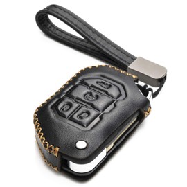 Vitodeco Genuine Leather Flip Key Fob Case Cover Protector with Leather Key Strap Compatible for 2018-2021 Jeep Wrangler (4-Button, Black)