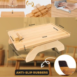 AISLE 3 ESSENTIALS Couch Armrest Table with Clip, Sofa TV Tray with Rotating Phone Mount, Wooden Portable Shelf for Food and Drinks, Compatible with Sofa Arms Measuring 2–12 Inches, Bamboo