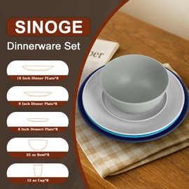 SINOGE 40 PCS Wheat Straw Dinnerware Sets | Service for 8 | Unbreakable Plates and bowls sets with Drinking Glasses Dishwasher Safe Bowls Dishes for Camping, Picnic, Outdoor - Coastal Feast