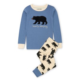 Hatley Unisex Bear Family Pajamas Pajama Set, Kid's Long Sleeve Pajama Set - Black Bear on Blue - Bearly Sleeping, 8 Years