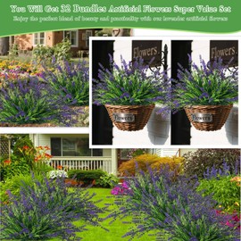 Nebuvark 32 Bundles Faux Lavender Plants Outdoor - Artificial Lavender with Monkey Grass UV Resistant Fake Flowers for Garden Patio Window Hanging Baskets Decor Planter Pathway Front Porch(Purple)