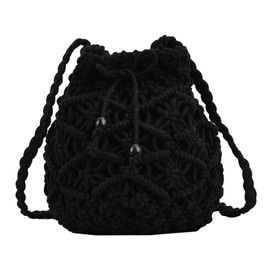 Women's Shoulder Bag, Literary Single Shoulder Bag, Vintage Cotton Woven Drawstring Fresh Beach Bag Shoulder Bags Men Black Waterproof For Travel, black, One Size