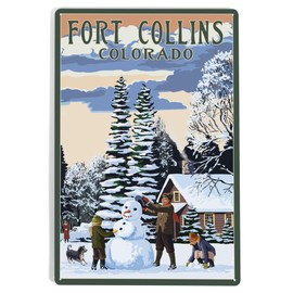 Lantern Press 12x18 Inch Metal Sign, Fort Collins, Colorado, Snowman Scene