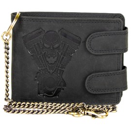 Biker Men's Cognac Leather Wallet with Skull & V2 Motor Embossing - Wallet with Chain, RFID Protection, 10 Card Slots, Coin Compartment & Zip Compartment - Rocker Wallet Motorcycle Style, black, biker