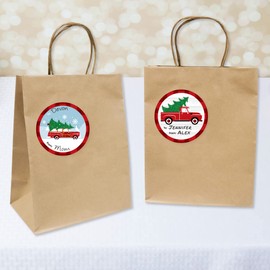 Big Dot of Happiness Merry Little Christmas Tree - Round Red Truck and Car Christmas Party to and from Gift Tags - Large Stickers - Set of 8