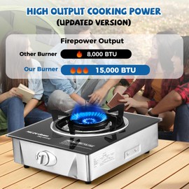Single Burner Propane Stove 15000 BTU, Portable Gas Propane Stove 1 Burner, Camping Stove Propane with LPG Adapter Hose for Indoor and Outdoor Kitchen Cooking