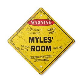 Myles' Room Sign Vintage Crossing Zone Xing | Indoor/Outdoor Plastic | 12" Tall Rustic Kids Bedroom Decor Door Children's Name boy Girl