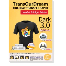 TransOurDream Tru-Iron on Heat Transfer Paper for Dark Fabric (20 Sheets, 8.5x11", Dark 3.0) T Shirt Transfers Paper for Inkjet Printer Printable Heat Transfer Vinyl for T-Shirts (TRANS-D3-7-20)