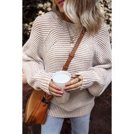 EVALESS Womens Striped Sweaters Fall Outfits Tops for Women Trendy 2025 Business Casaul Work Clothes Oversized Crewneck Off Shoulder Beige Sweaters Long Sleeve Sweatshirts Winter Crochet Tops, Medium