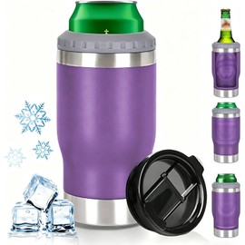 Porta latas Enfriador de cerveza 4 en 1, Porta cerveza Tapas de 14 onzas con dos tapas, Enfriador de bebidas de acero inoxidable 304, Para lata estándar, botella de cerveza, Morado