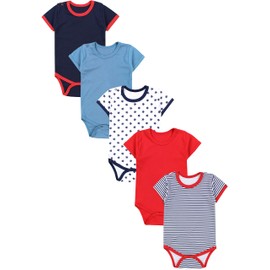 TupTam Boys' Baby Bodysuit Short Sleeve in Plain Colours - Pack of 5, Stripes stars dark blue red denim blue