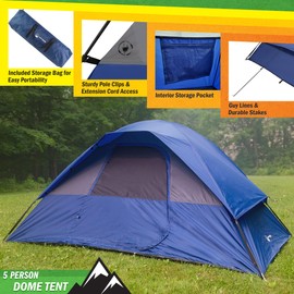5 Person Camping Tent - Includes Rain Fly and Carrying Bag - Easy Set Up Tent for Backpacking, Hiking, Festivals or Parties by Wakeman Outdoors (Blue)