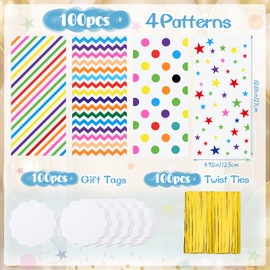 100 Pcs Rainbow Cellophane Treat Bags with White Gift Tags Plastic Candy Gift Goodie Bags with 100 Twist Ties for Birthday Baby Shower Weddings Party Favors
