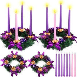 Fumete 2 Set Christmas Advent Wreath Candle Holder with 8 LED Flameless Taper Candles 11.8 Inch Purple Ribbon Berry Advent Candle Holder for Xmas Home Table Centerpiece Decor Holiday Party Church