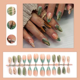 Green French Tip Press on Nails Medium Almond Fake Nails with Gold Star Design False Nails Glue on Nails Gold Chrome Line Star Y2k Artificial Nails Goth Stick on Nails for Women Girls Manicure 24Pcs