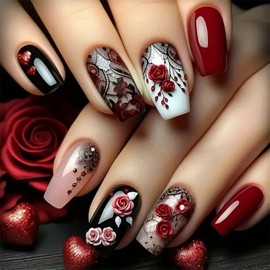 Cute Medium Coffin Press on Nails 24Pcs False Fake Nails Simple with Black Red Rose Design French Tip Full Cover Thick Glossy Acrylic Glue on Nails Stick on Nails for Women DK-25041