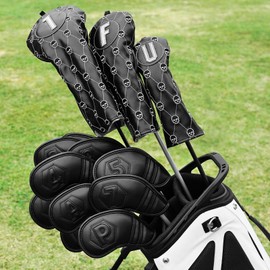 Golf Club Head covers Wood Set 3 PACKS (1.F.U) Set for Driver Fairway Hybrid with No.Tag Elastic Closure Black PU Leather Skull Pattern
