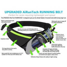 AiRunTech Upgraded No Bounce Hydration Belt Can be Cut to Size Design Strap for Any Hips for Men Women Running Belt with Water Bottle Holder with Large Pocket Fits Most Smartphones(Green)