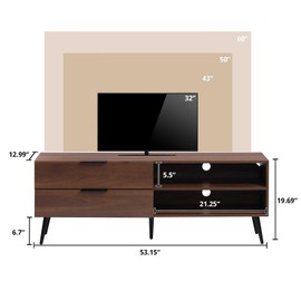 HollyHOME Wood TV Stand for TVs up to 65", Mid Century TV Stand with Storage, Modern Entertainment Center with 2 Drawers, Accent TV Media Console Table for Living Room, 53"(L), Retro Brown