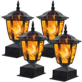 Dynaming Solar Flame Post Lights Outdoor, Solar Powered Lamps Fence Post Cap Lights, Flickering Flame LED Lantern Decorative Waterproof for Garden Deck Patio, Fit 4x4, 5x5 or 6x6 Wooden Posts, 4 Pack