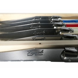 Clermont Coutellerie Laguiole Serrated Edge Sharp Premium Dishwasher Safe Full Tang Stainless Steel 6-Piece Steak Knife Set, Multi-Color Handle