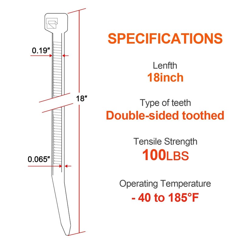 18 Inch Zip Ties Double Sided Toothed,100 LBS Tensile Strength
