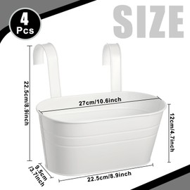 Hicarer 4 Pcs Metal Hanging Flower Pot Outdoor Plants Iron Hanging Bucket Planter Outside Fence Planter Boxes Holder Bulk with Detachable Hook for Wall Garden Balcony Window Indoor (White)