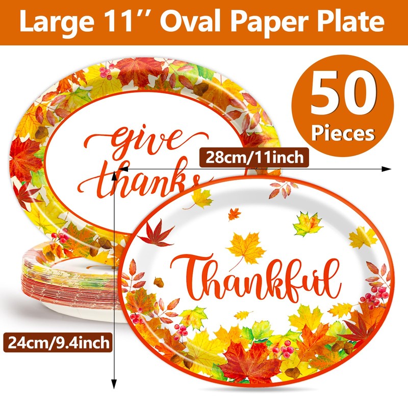 50PCS Thanksgiving Oval Paper Plates Large 11” Disposable Fall Party