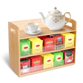 Bamboo Tea Bag Organizer, 3 Layer Wooden Tea Bag Storage Organizers Box for Countertop, Teabag Holder with Handle and 10 Acylic Adjustable Partitions for Coffee Station Office Kitchen Cabinet Chest