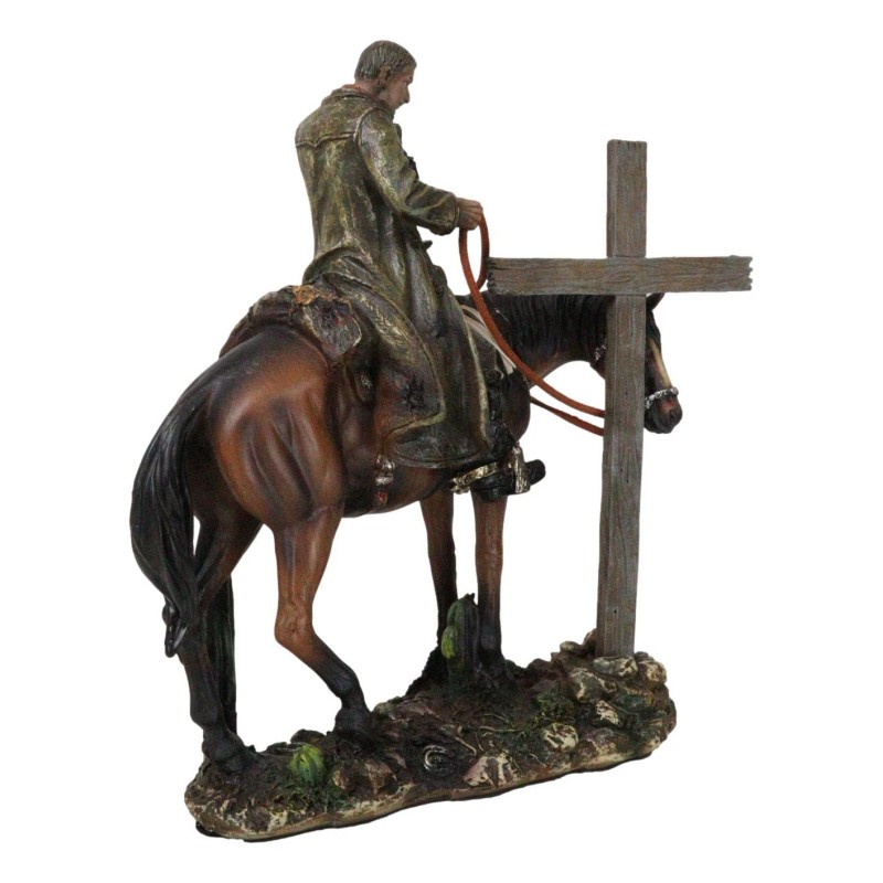 Western Cowboy in Solemn Prayer On Horse By Faded Cross